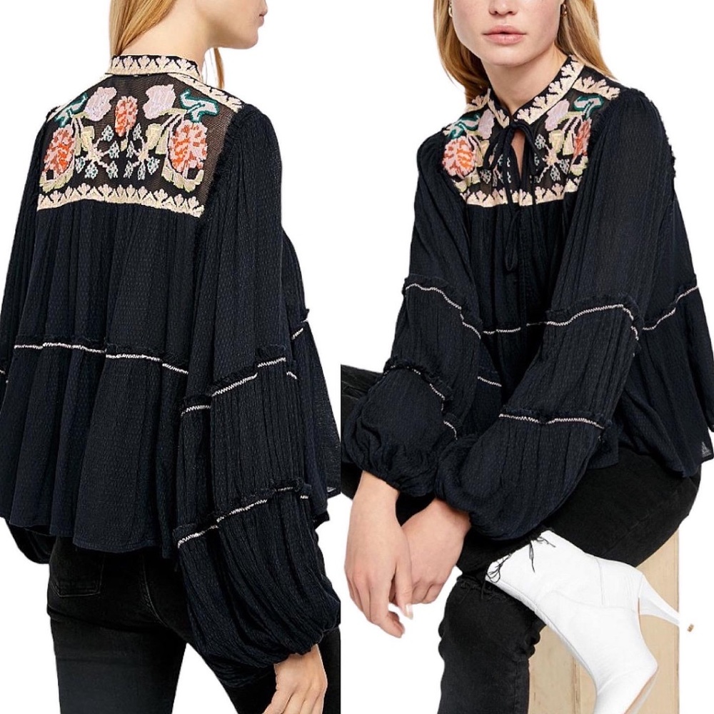 FREE PEOPLE | In Vivid Colour Embroidered Peasant Blouse Top